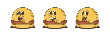 Peynirli ve köfteli üç çizgi film karakteri. Havalı güneş gözlükleri ve dostça gülümsemeler de dahil olmak üzere çeşitli ifadeler. Reklam için çok yönlü maskot vektör çizimi