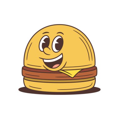 Göz kırpan bir ifadesi ve büyük bir gülümsemesi olan oyuncu çizgi film karakteri. Reklam, fast food markası ve emoji tasarımı için dostane yemek maskotu çizimi