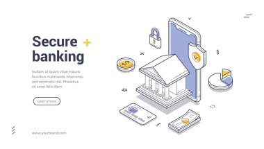 Güvenli bankacılık ve finansal teknoloji hizmetleri afişi ve akıllı telefon banka kasası kalkanı. Web sitesi iniş sayfası için modern online bankacılık şablonu. Isometric Banner Şablonu Vektör İllüstrasyonu
