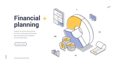 Finansal planlama ve para yönetimi stratejisi web pankartı, hesap makinesi paraları ve çizelgeleri. Web sitesi ve UI UX tasarımı için yatırım analizi şablonu. Isometric web pankart vektör şablonu