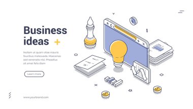 İş fikirleri ve ampul dizüstü bilgisayar büyüme grafikleri ve satranç stratejisiyle başlangıç yeniliği kavramı. Web uygulaması için modern izometrik web pankart vektör şablonu uux kahraman başlığı ve iniş sayfası