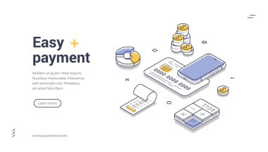 Kolay ödeme ve akıllı telefon kredi kartı paraları ve hesap makinesiyle online fintech konsepti. Web uygulaması için modern izometrik web pankart vektör şablonu uux kahraman başlığı ve iniş sayfası