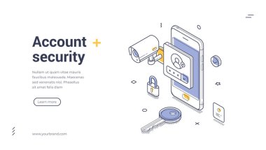 Akıllı telefon giriş şifrelemesi ve siber güvenlik uygulaması web sitesi ve fintech tasarımı için modern izometrik bayrak vektör şablonuna sahip güvenlik ve dijital veri koruma kavramı