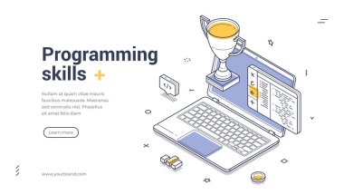 Dizüstü bilgisayar kodu düzenleyici kupa ve öğrenme elemanları ile programlama ve kodlama teknikleri eğitimi kavramı. Geliştirici kursu için modern izometrik web pankart vektör şablonu