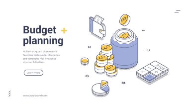 Para kavanozu, cüzdan ve analitik grafiklerle bütçe planlaması ve finansal yönetim kavramı. Finans uygulaması için modern izometrik web pankart vektör şablonu