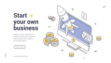 Girişimcilik, girişim büyümesi ve yatırım stratejisi için monitör, roket ve madeni paralarla kendi iş konseptinizi oluşturun. Web sitesi ve uygulama için modern izometrik web pankart vektör şablonu