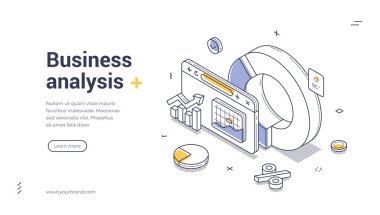 Veri analizi, istihbarat ve stratejik planlama için gözlem, çizelge ve grafikler içeren iş analizi konsepti. Web sitesi ve uygulama için modern izometrik web pankart vektör şablonu