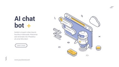 AI sohbet robot web afişi. Müşteri desteği için robotlu Isometric şablonu. İniş sayfası veya diyalog baloncukları ve çevrimiçi iletişimi olan mobil uygulama için vektör illüstrasyonu