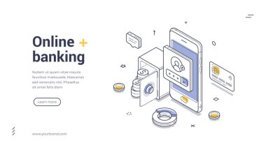 Çevrimiçi bankacılık web pankartı şablonu. Güvenli mobil ödemeler ve finans yönetimi için Isometric vektör illüstrasyonu. Akıllı telefon, güvenli, iniş sayfası veya uygulaması için kredi kartı olan modern tasarım