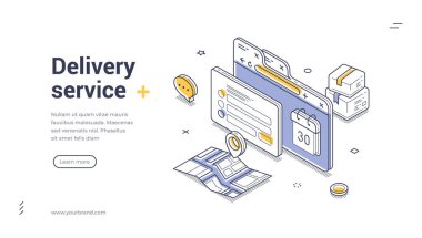 Teslimat servisi için web pankartı şablonu. Online sipariş formu, harita navigasyonu ve paket kutularıyla Isometric vektör illüstrasyonu. Lojistik ve e-ticaret iniş sayfası için modern tasarım