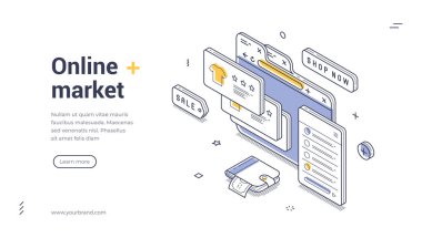 Çevrimiçi pazar internet afişi e-ticaret için. Tarayıcı, mobil uygulama ve cüzdanı olan Isometric şablonu. Modern bir dijital mağaza iniş sayfası veya internet alışveriş konsepti için vektör illüstrasyonu