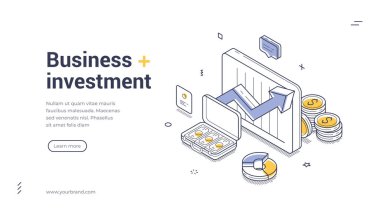 İş yatırımları web pankartı. Büyüme çizelgesi ve paralı Isome şablonu. Modern finans analitik iniş sayfası veya başlangıç başarı konsepti için vektör illüstrasyonu
