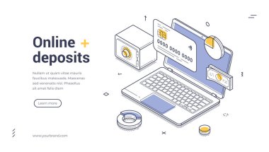 Çevrimiçi internet afişi. Dijital bankacılık için Isome şablonu. Dizüstü bilgisayarı, kasası ve kredi kartı olan bir vektör çizimi. Modern finans, tasarruf ve yatırım iniş sayfası kavramı