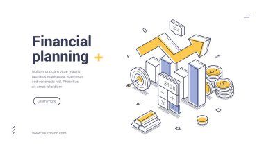 Finansal planlama için Isome web pankartı. Grafikli, oklu, bozuk paralı vektör çizimi. İş stratejisi, yatırım analizi ve finans sayfası tasarımı için modern şablon kavramı
