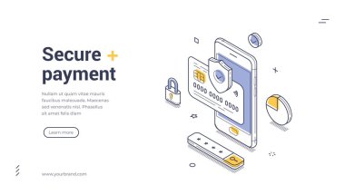 Güvenli ödeme web pankartı. Mobil bankacılık için Isome şablonu. Akıllı telefon, kredi kartı ve finansal veri koruma ve güvenlik kalkanı ile vektör illüstrasyonu