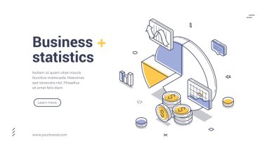 İş istatistikleri ve veri analizi için Isometric web pankartı. Pasta grafiği ve bozuk paralarla vektör illüstrasyon şablonu. Finans raporu, piyasa araştırması ve modern web sayfası tasarımı kavramı