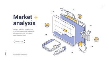 Pazar analizi ve iş araştırmaları için Isome web pankartı. Veri tabloları, grafikler ve klasörlü vektör illüstrasyonu. Finansal strateji ve veri görselleştirme kavramı için modern web şablonu