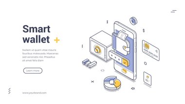 Akıllı cüzdan ve güvenli ödemeler için Isometric web pankartı. Cep telefonu ve güvenli vektör çizim şablonu. Dijital finans ve e-ticaret için modern iniş sayfası