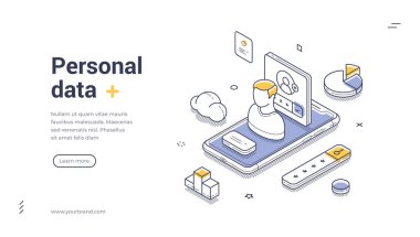 Kişisel veri koruması için Isometric web pankartı. Akıllı telefon ve kullanıcı profilli vektör illüstrasyon şablonu. Gizlilik, güvenlik ve hesap yönetimi hizmetleri için modern iniş sayfası