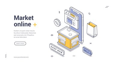 İnternet pazarı için Isometric web pankartı. Akıllı telefon ve dükkanlı vektör çizim şablonu. E-ticaret, internet alışverişi ve dijital iş tanıtımı için modern iniş sayfası