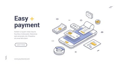 Kolay ödeme için Isome web pankartı. Akıllı telefon ve paralı vektör çizim şablonu. Çevrimiçi alışveriş, mobil bankacılık ve dijital işlemler için modern iniş sayfası