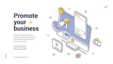 Dijital pazarlama için Isometric web pankartı. Bilgisayar ve megafonla iş tanıtımı için vektör illüstrasyon şeması. Sosyal medya reklamları ve SMM için modern iniş sayfası