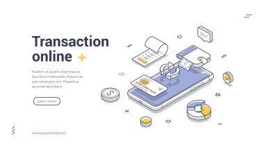 Çevrimiçi işlem ve mobil ödeme için Isometric web pankartı. Akıllı telefon ve kredi kartıyla finans teknolojisi için vektör çizim şablonu. E-ticaret ve bankacılık için modern iniş sayfası