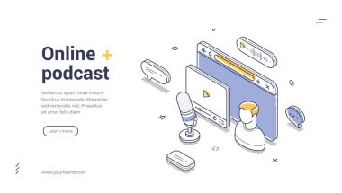 Çevrimiçi podcast ve yayınlama için web pankartı şablonu. Medya gösterisi için mikrofon ve tarayıcılı Isometric vektör çizimi. Yayın ve internet radyosu için modern iniş sayfası