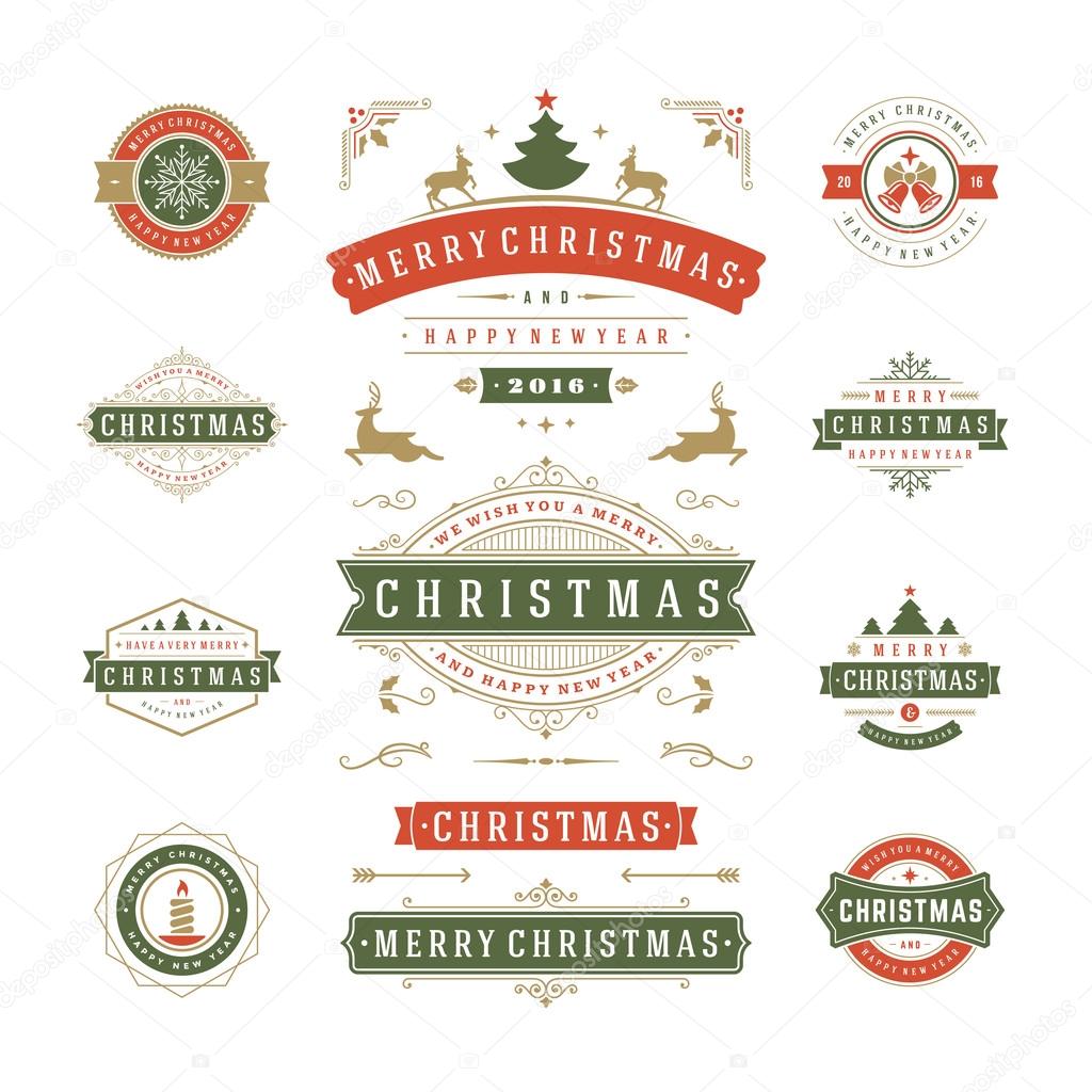 Christmas Labels and Badges Vector Design. Decorations elements, Symbols, Icons, Frames, Ornaments and Ribbons, set. Typographic Merry Christmas and Happy Holidays wishes
