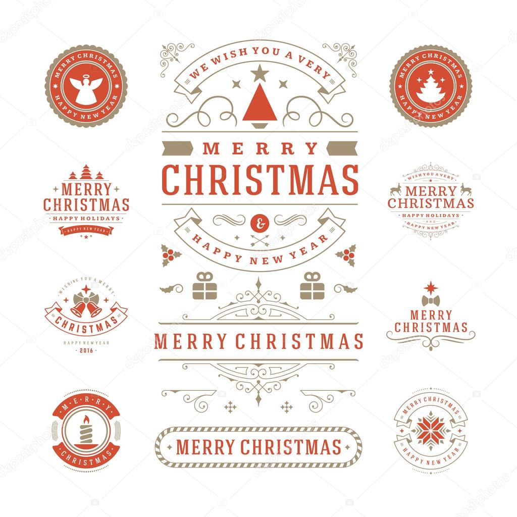 Christmas Labels and Badges Vector Design. Decorations elements, Symbols, Icons, Frames, Ornaments and Ribbons, set. Typographic Merry Christmas and Happy Holidays wishes