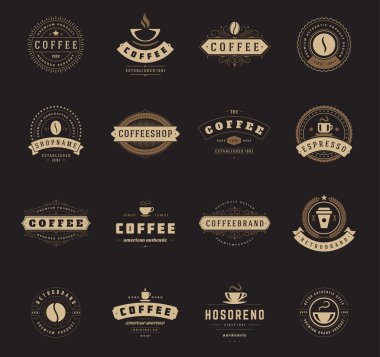 Coffee Shop logo, rozetleri ve etiket tasarım öğeleri kümesi