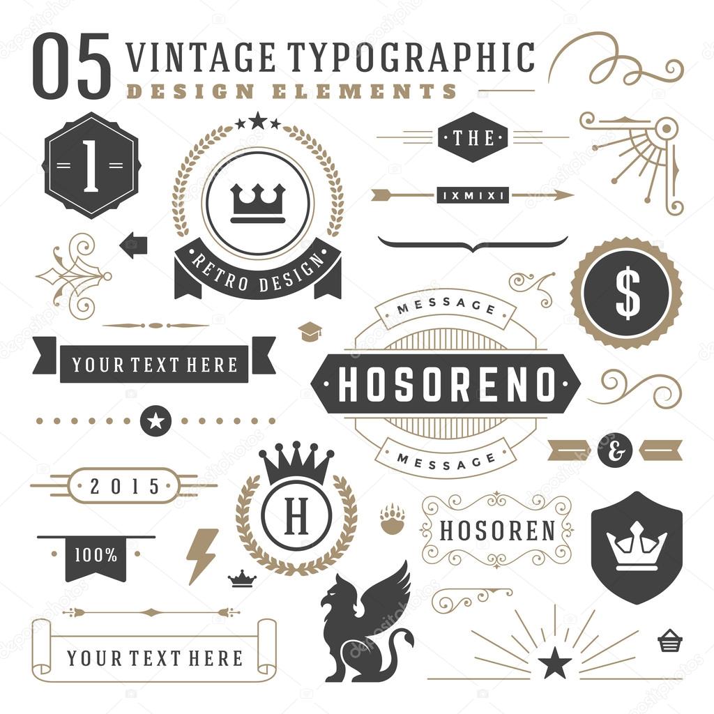 Retro vintage typographic design elements. Arrows, labels ribbons, logos symbols, crowns, calligraphy swirls ornaments and other