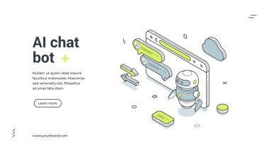 Yapay zeka sohbet robotu sanal asistanı internet tarayıcısı izometrik web paneli tasarım şablonu çizimi. Yapay Zeka sohbet robot bilgisi robotik arama cevap sorusu çevrimiçi yardım diyaloğu