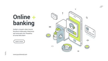 Çevrimiçi bankacılık dijital cüzdan mobil uygulama izometrik web paneli tasarım şablon çizimi. İnternet bankası kullanıcı profili finansal tasarruf bütçesi dengesi akıllı telefon teknolojisini analiz ediyor