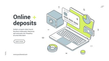 Çevrimiçi mevduat bankacılık finansal kart servisi izometrik web pankartı tasarım şablonu çizimi. İnternet nakitsiz yatırım tasarruf bütçesi siber uzay dizüstü bilgisayar tarayıcısını analiz ediyor