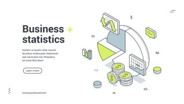 İş istatistikleri, izometrik web pankartı tasarım tasarımı, vektör illüstrasyonunu analiz ediyor. Ticari finans verimliliği verimlilik analizi strateji geliştirme kar yatırımı optimizasyonu