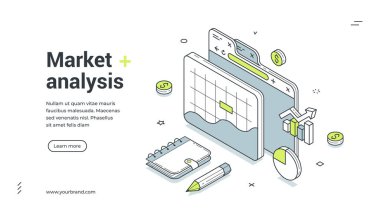 Piyasa ekonomik analiz izometrik web paneli tasarım şablonu çizimi. İş finansmanı verimlilik verimliliği optimizasyon strateji geliştirme ticari grafik kontrolü