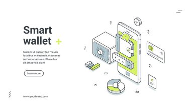 Akıllı dijital cüzdan çevrimiçi bankacılık mobil uygulaması izometrik web paneli tasarım şablon çizimi. İnternet alışverişi ödeme finansal banka tasarruf para işlem akıllı telefon teknolojisi