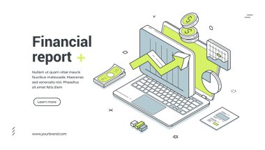 Mali rapor iş ekonomisi izometrik web pankartı tasarım şablonu örnekleme analizi. Ticari verimlilik verimlilik analizi muhasebe stratejisi geliştirme laptop teknolojisi