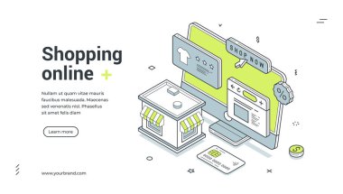 Çevrimiçi alışveriş pazarı siparişi bilgisayar izometrik web paneli tasarım şablonu çizimi. İnternet mağazası ürün satın alıyor siber alan perakende ticaret ve iş teknolojisi satın alıyor