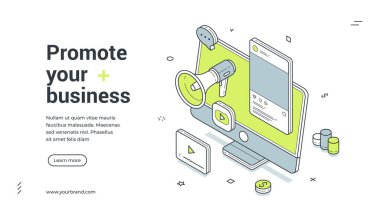 İşletme sosyal medya pazarlama izometrik web pankartı tasarım şablon illüstrasyonunuzu tanıtın. İnternet reklam ürünü megafon ağ tanıtım kampanyası duyurusu