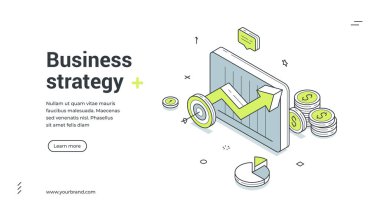 İş stratejisi geliştirme, izometrik web pankartı tasarım şablonu illüstrasyonunu analiz ediyor. Ticari analiz verimliliği verimliliği pazarlama optimizasyon yönetimi finansal veri kontrolü