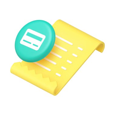 Sivri kenarlı ve mavi daire etiketli sarı makbuz. İçinde kredi kartı sembolü, web, mobil, bankacılık, fintech, uygulama, ui, ux, 3d gerçekçi vektör illüstrasyonu için modern finans tasarımı var..