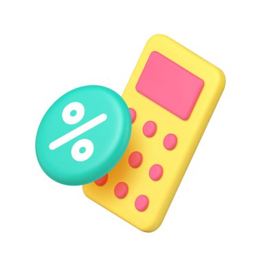 Finans uygulaması ve web tasarımı için hesap makinesi ve yüzde simgesi simgesi. Hesaplama, matematik, muhasebe, bankacılık ve yatırımı temsil eder. Modern 3d simge gerçekçi vektör illüstrasyonu.