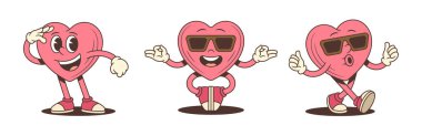 Komik retro karikatür kalp karakter maskotu seti. Güneş gözlüklü, çeşitli pozlarda harika pembe aşk sembolü. Çıkartma ya da yama tasarımı için oyuncu bir komedyen. Moda vektör illüstrasyonu