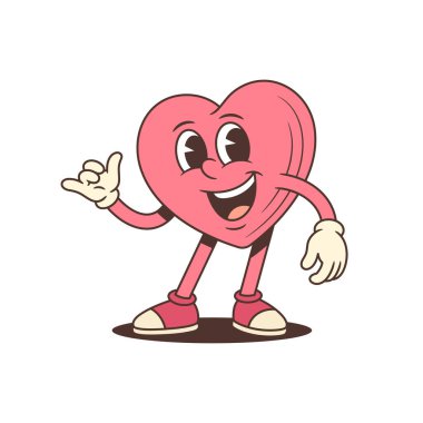 Moda modası geçmiş çizgi film karakteri. Shaka el hareketleriyle pembe kalp maskotu. Sörf veya yaz teması için mükemmel bir vektör çizimi. Komik ve sevimli çizgi film karakteri