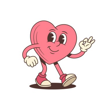 Moda modası geçmiş çizgi film karakteri. Pembe kalp maskotu, el işareti tamam. Pozitif çıkartma ya da poster için mükemmel bir vektör çizimi. Mutlu ve yürüyen çizgi film karakteri