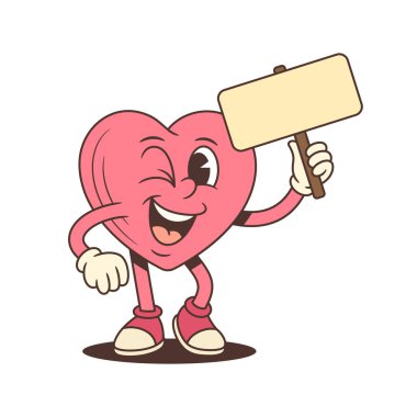 Son moda modaya uygun çizgi film karakteri. Pembe kalp maskotu özel metin için elinde boş bir pankart tutuyor. Reklamlar ve duyurular için mükemmel bir vektör çizimi. Neşeli ve neşeli bir karakter.