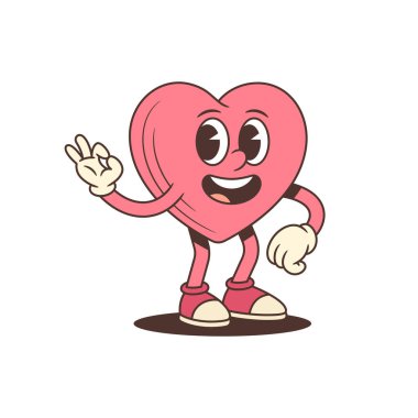 Moda tarzında dostane bir çizgi film karakteri. Pembe kalp maskotu gülümser, iyi bir el hareketi gösterir. Anlaşma temaları, başarı ve pozitiflik için mükemmel vektör çizimi. Neşeli maskot.