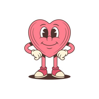 Moda modası geçmiş kendine güvenen çizgi film karakteri. Dost canlısı pembe kalp maskotu elleri kalçasında durur. Güven, kendini sevme ve neşe temaları için mükemmel bir vektör çizimi. Neşeli maskot.